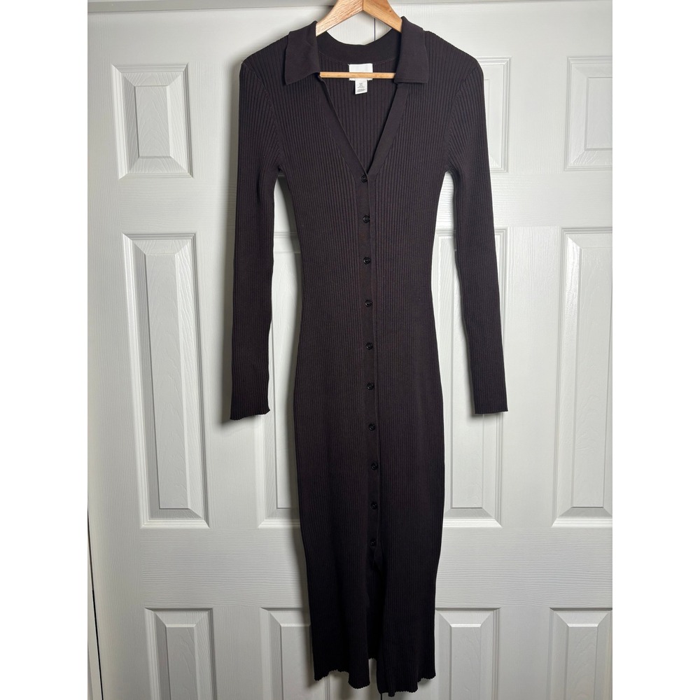 HM Ribbed Knit Button Down Midi Dress Dark Brown Long Sleeve Polo Collar Small